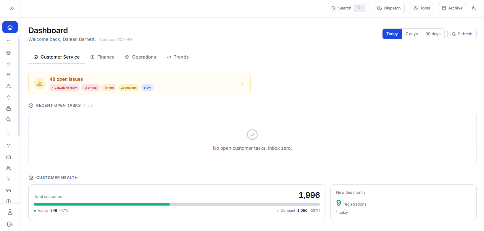 Courier Connect Systems admin dashboard — customer service overview, open issues, and customer health metrics